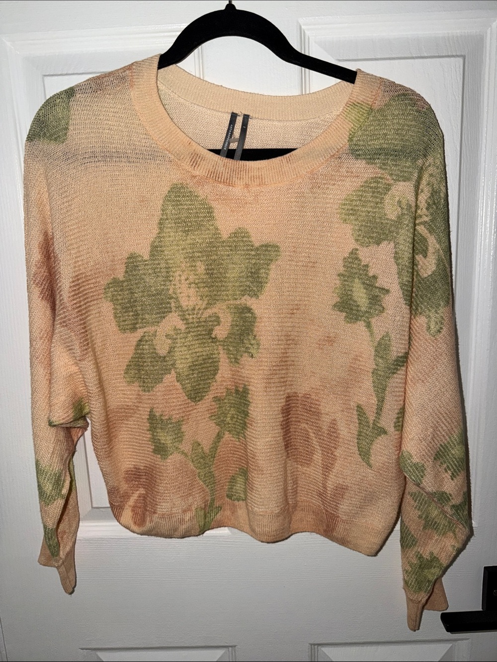 Anthropologie Peach Crewneck Sweater with Sage Floral Motif